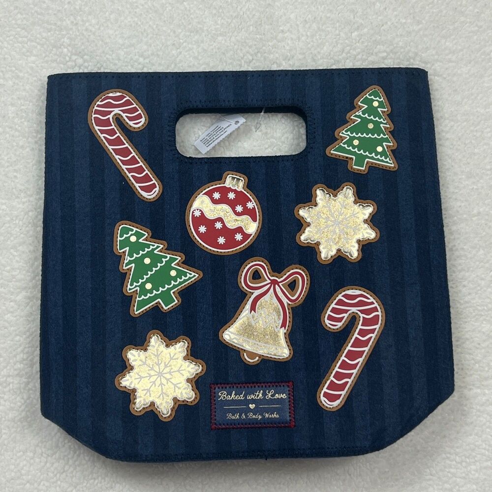 Bath & Body Works Mini Tote Bag Gift Bag Navy Blue Striped Felt Holiday Cookie
